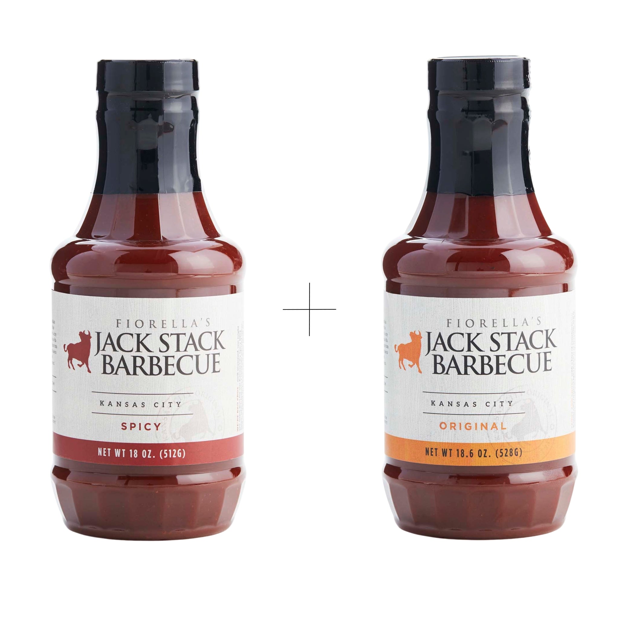 Two bottles of Fiorella's Jack Stack Barbecue sauce on a white background
