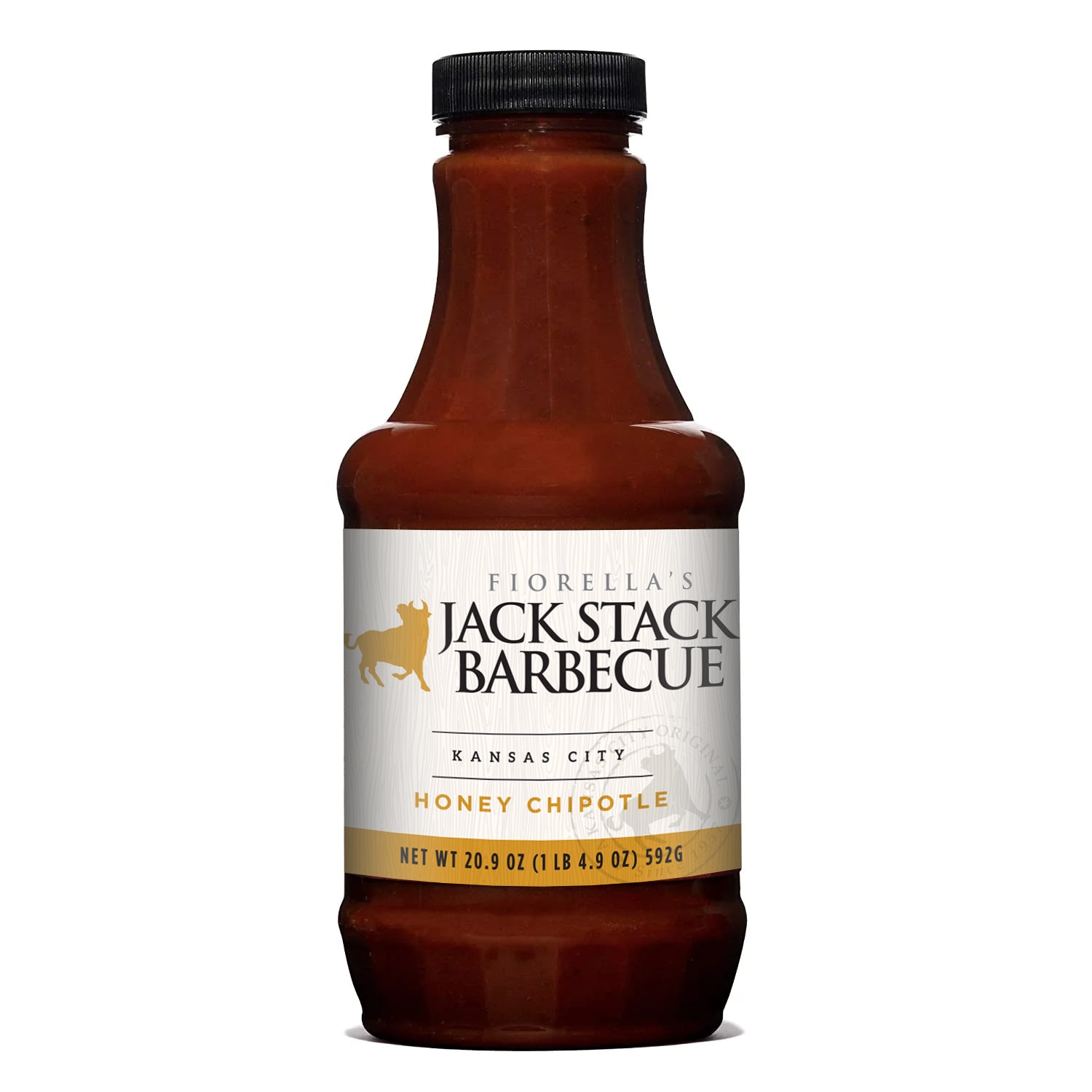 Bottle of Jack Stack Barbecue Honey Chipotle sauce on a white background