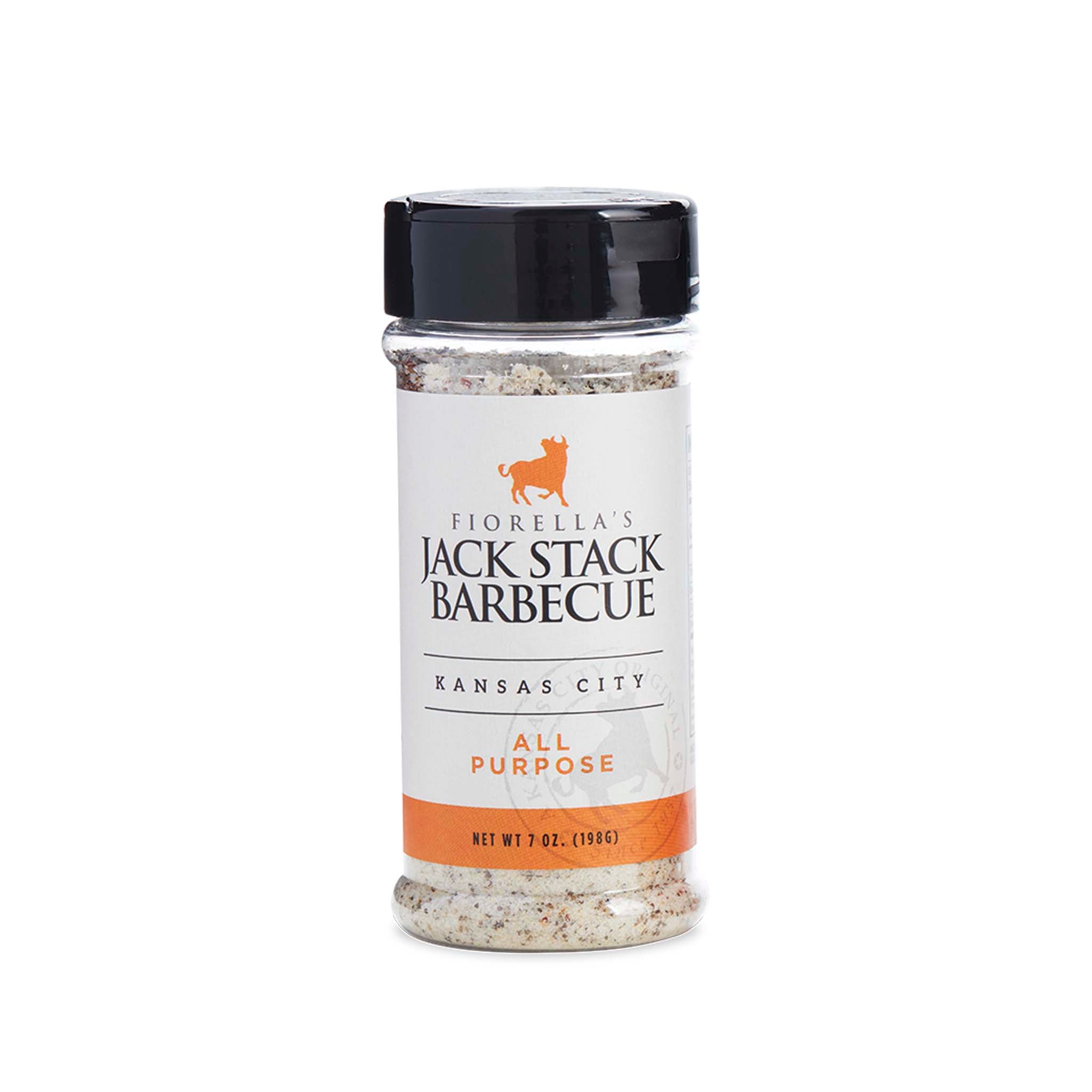Jar of Fiorella's Jack Stack Barbecue all-purpose seasoning on a white background