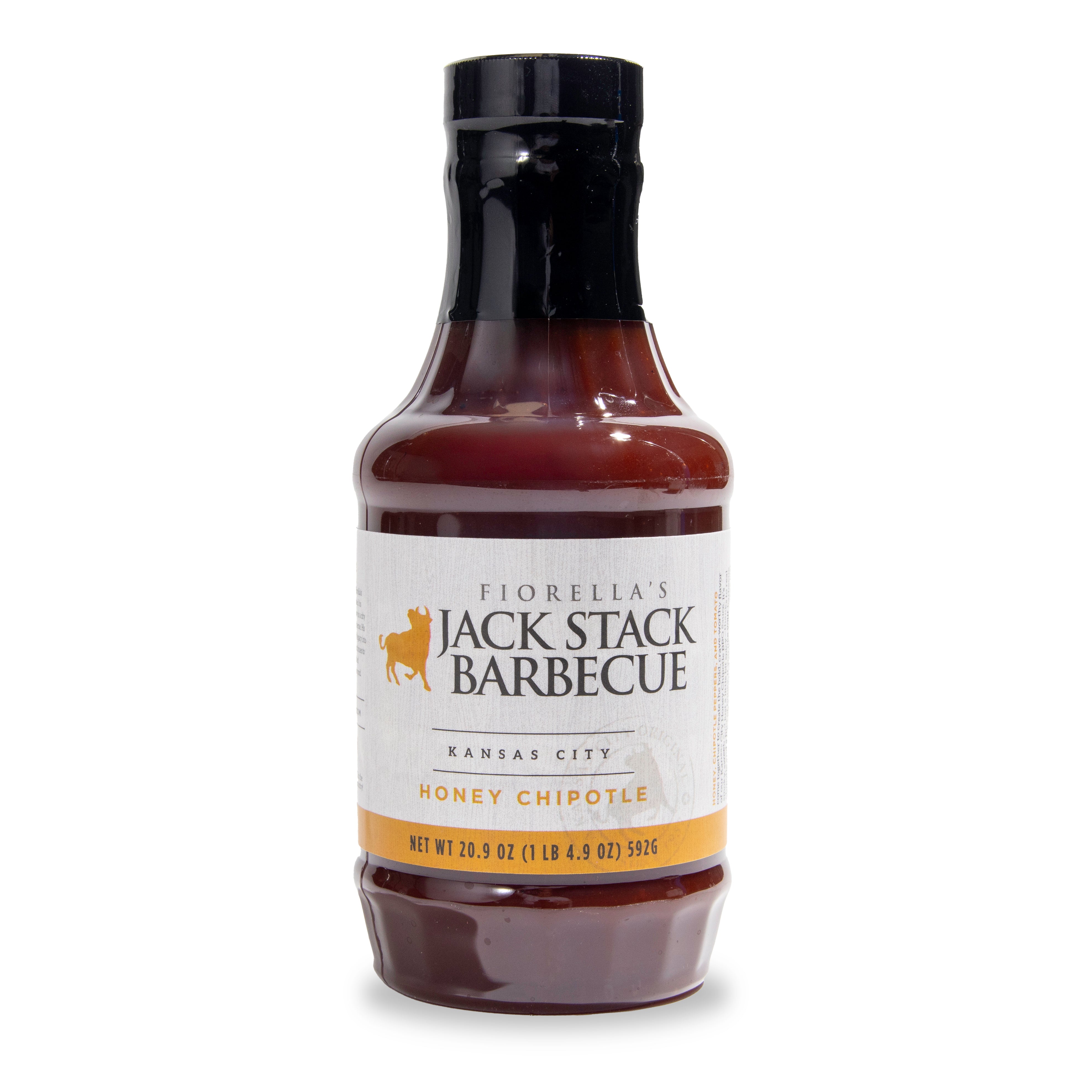 Bottle of Fiorella's Jack Stack Barbecue Honey Chipotle sauce on a white background