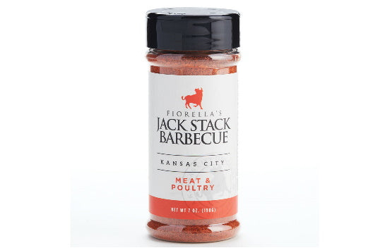 Jar of Fiorella's Jack Stack Barbecue seasoning on a white background
