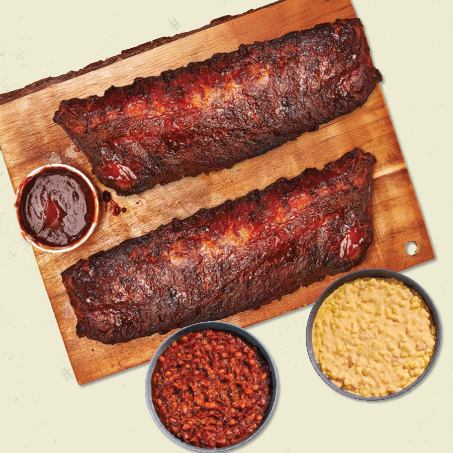 2 slabs of Baby Back Ribs, corn and beans.