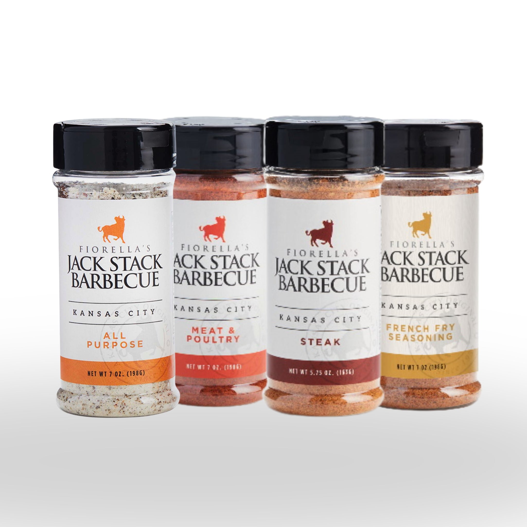 Four jars of Fiorella's Jack Stack Barbecue seasoning on a white background